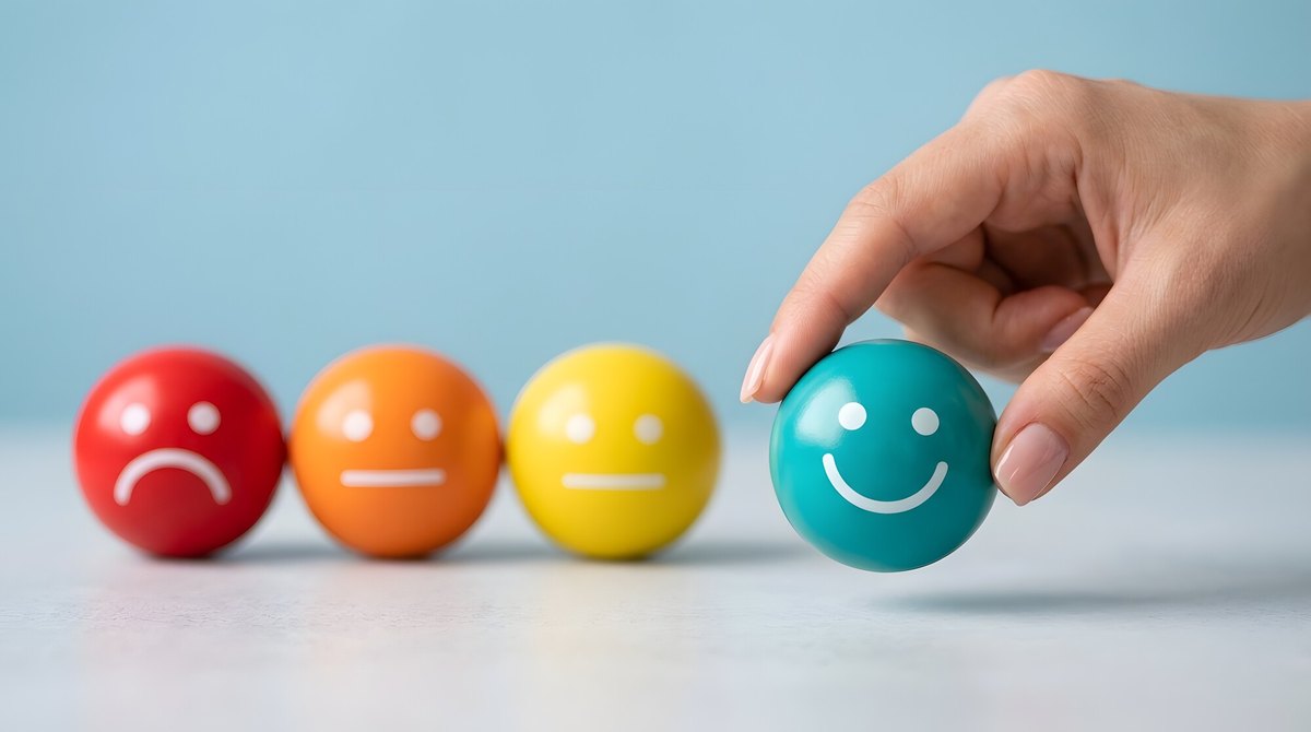 Mano che sceglie una sfera turchese sorridente accanto a sfere rossa triste, arancione e gialla neutre su sfondo azzurro